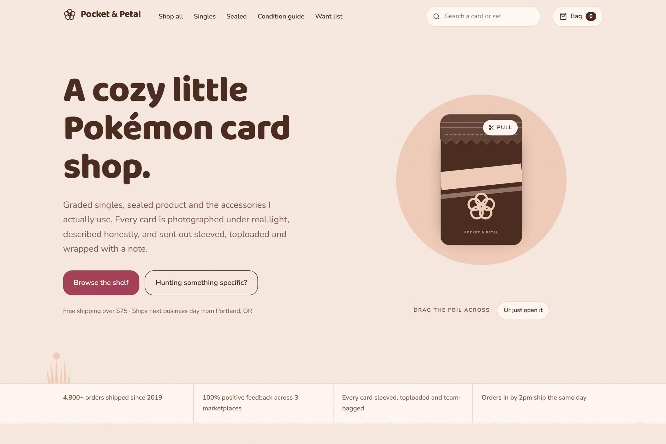 Pocket & Petal homepage: an illustrated booster pack beside the headline A cozy little Pokémon card shop